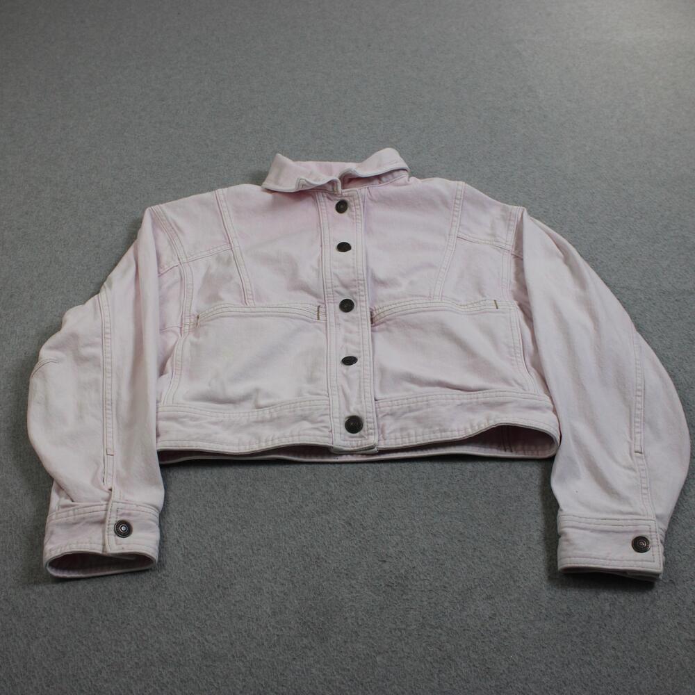 We The Free Denim Jacket Women Small Pink Cropped Button Front Oversized Short